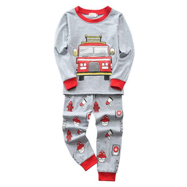 

fall 2020 children's suit boys' new home wear two piece fire truck printed long sve pajamas, Blue;red