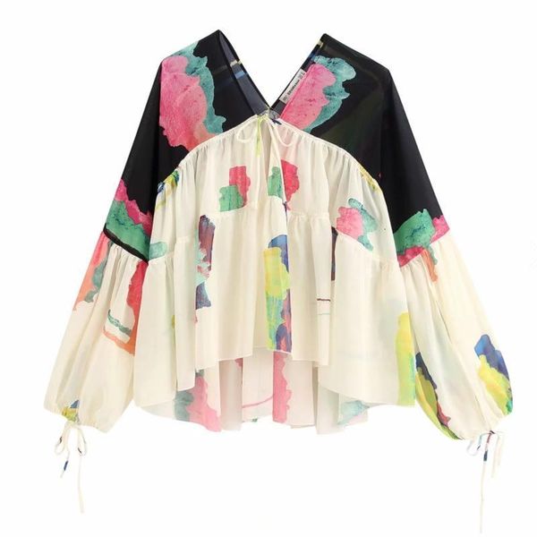 

2021 new fashion printing deep v neck elegant chiffon women shirt casual lady long sleeve blouse loose s7002, White