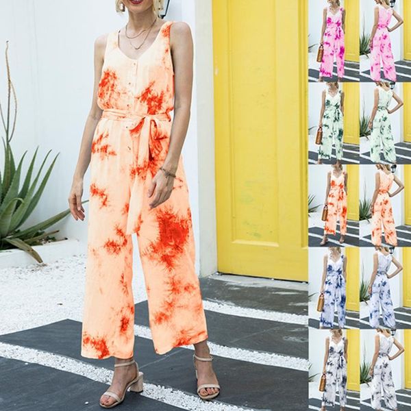 

women's jumpsuits & rompers summer ladies elegant tie-dye printed sleeveless casual waist jumpsuit trousers, Black;white
