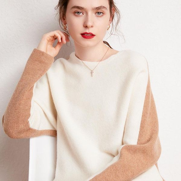 

100% pure wool autumn and winter cashmere suit knitted wide-leg pants o-neck cashmere women's loose and lazy two-piece suit, White