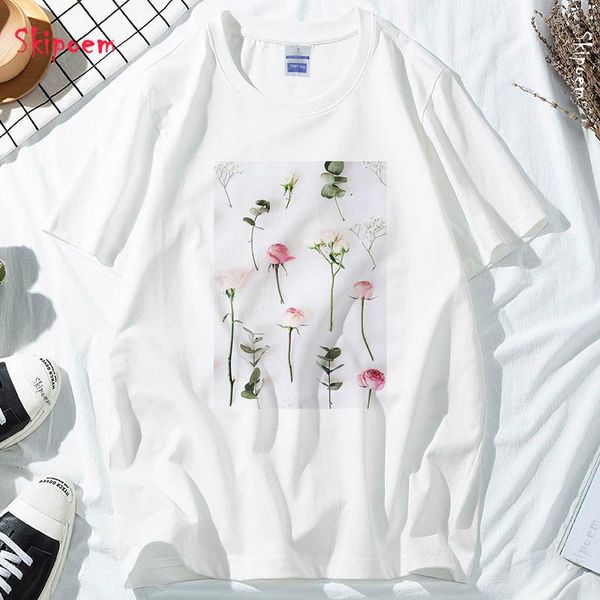 

women's t-shirt original nordic plant flowers women tshirt korean style gothic aesthetic punk vintage skipoem short sleeve clothes stre, White