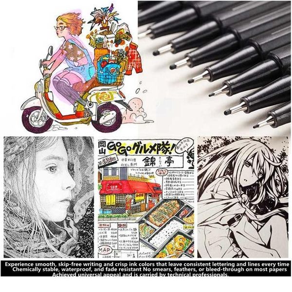 

10pcs/set pigment liner micron ink marker pen 0.05 0.1 0.2 0.3 0.4 0.5 brush tip black fineliner sketching manga dra qyliwg