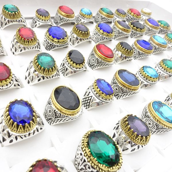 

wholesale 50pcs/lot mix styles vintage womens rings antique silver plated gold side glass stone mens fashion jewelry party gifts, Golden;silver