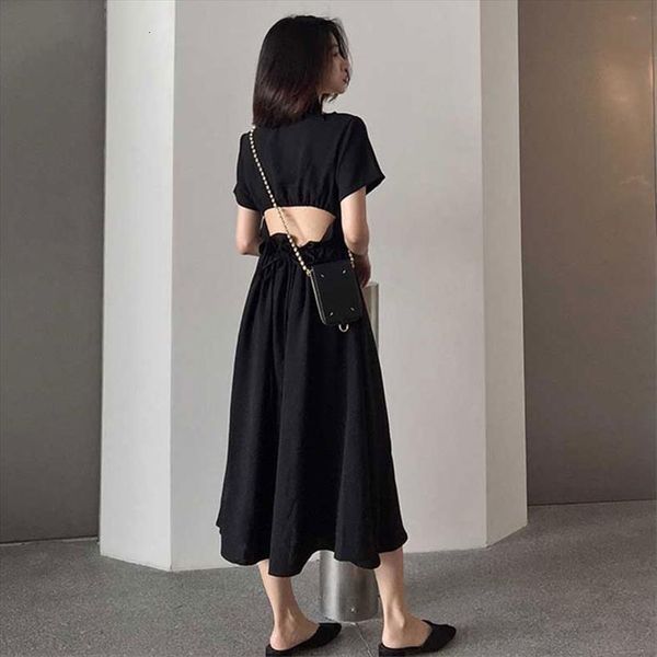 

chiffon summer casual womens dresses black elastic open back short sleeve mid length female dress loose ladies clothes, Black;gray