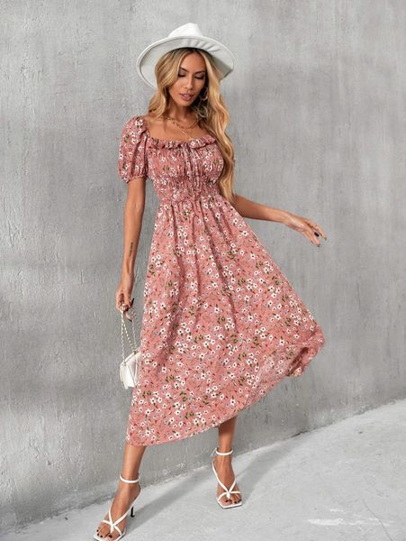 

floral print puff sleeve shirred frill trim knot front dress i6cf#, Black;gray