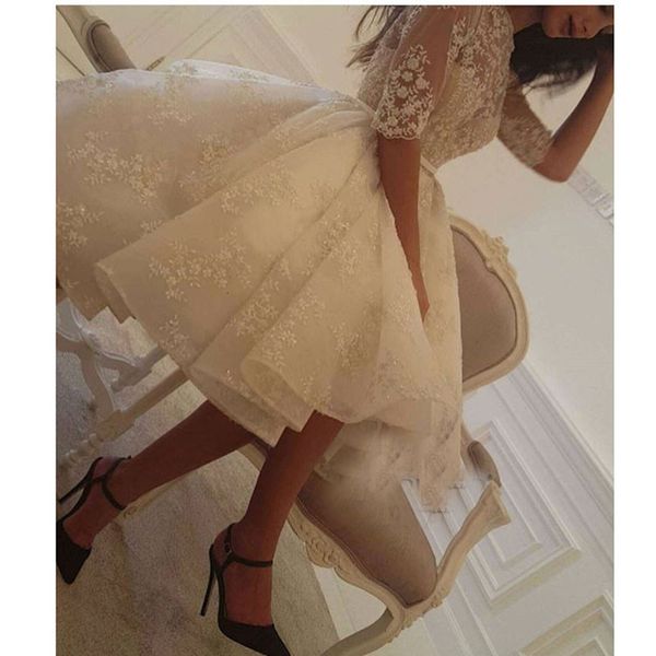 

fashion 2021 new ivory prom lace applique beads half sleeve knee length dubai arabic short cocktail party gowns b8sc, White;pink