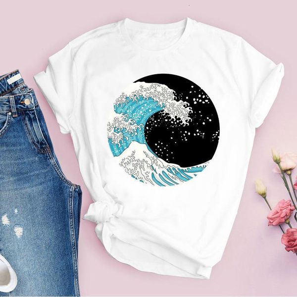

women graphic wave cute aesthetic printing casual 90s short sleeve print lady tees clothing female t shirt womens t-shirt, White