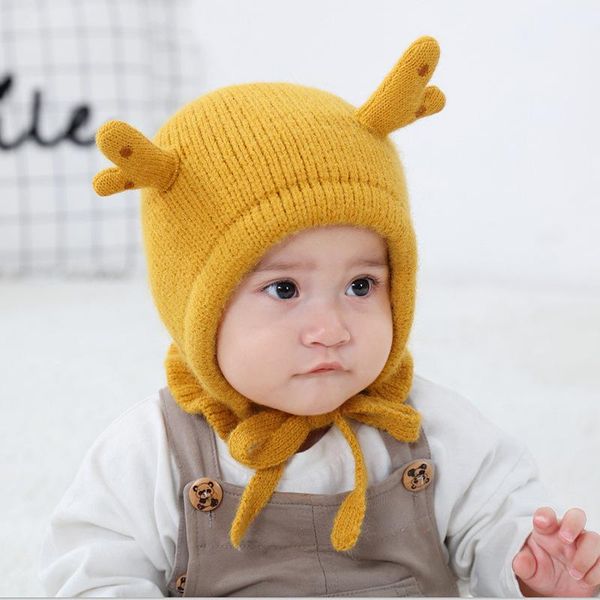 

winter cute fawn antlers baby hat cap cotton soft baby boy girl hat bonnet beanie children kids newborn autumn muts, Yellow