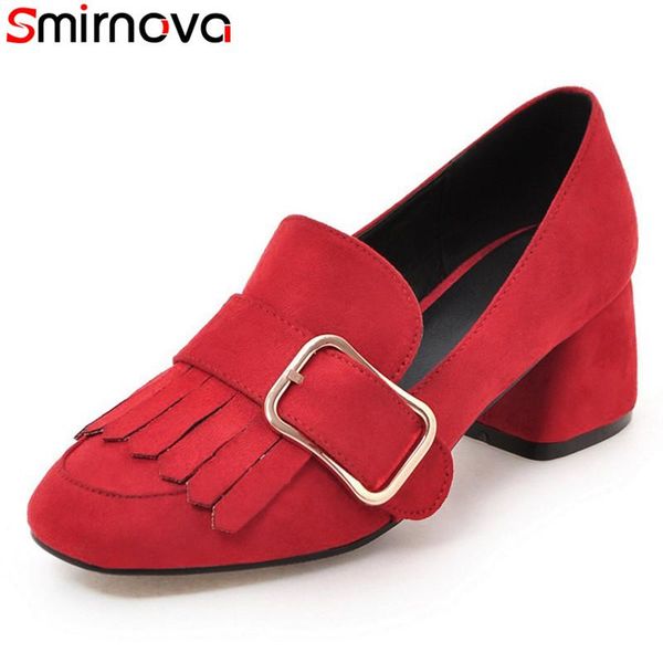 

dress shoes smirnova spring autumn fashion square toe women pumps thick high heels buckle black red classics casual large size