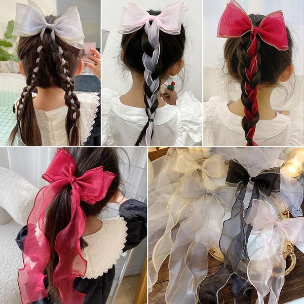 

hair accessories 2021 girls long ribbon big bow hairpins satin sweet clip back of head barrette headband fashion, Slivery;white