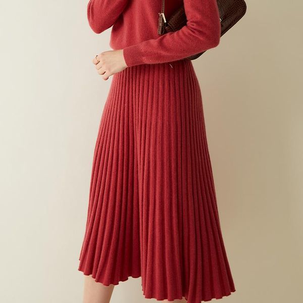 

skirts high-end 2021 autumn and winter 100% cashmere women's high waist pleated skirt fashion a word knit bottomed 5colors, Black