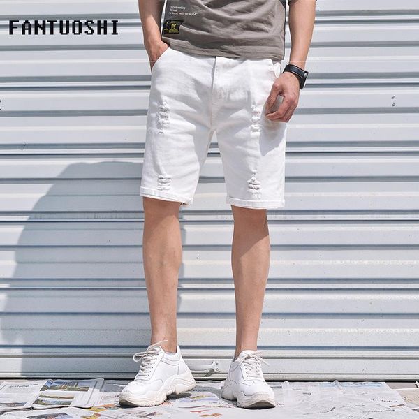 

2021 new men brand denim shorts summer casual stretch slim cotton ripped short jeans male brand large size 42, White;black