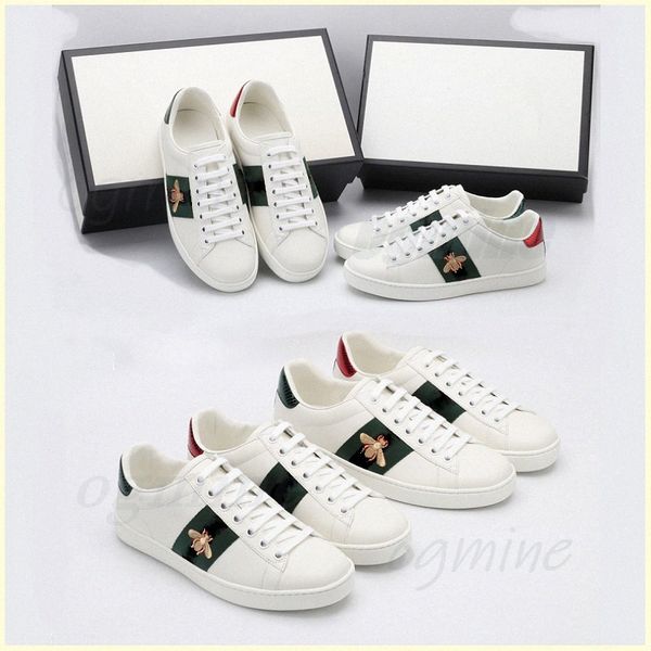 

with box men women sneaker casual shoes snake chaussures leather sneakers ace bee embroidered stripes white shoe flat platform walking sport, Black