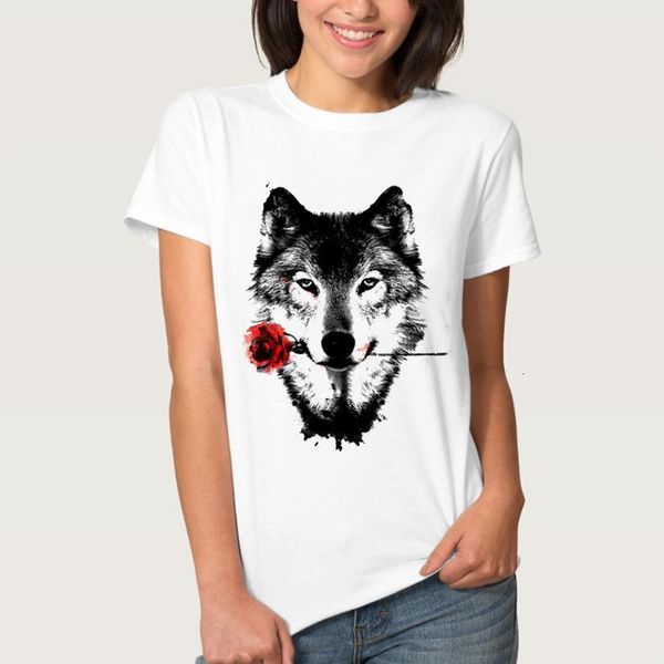 

wolf head rose print t shirt women short sleeve o neck loose tshirt summer women tee shirt camisetas mujer, White