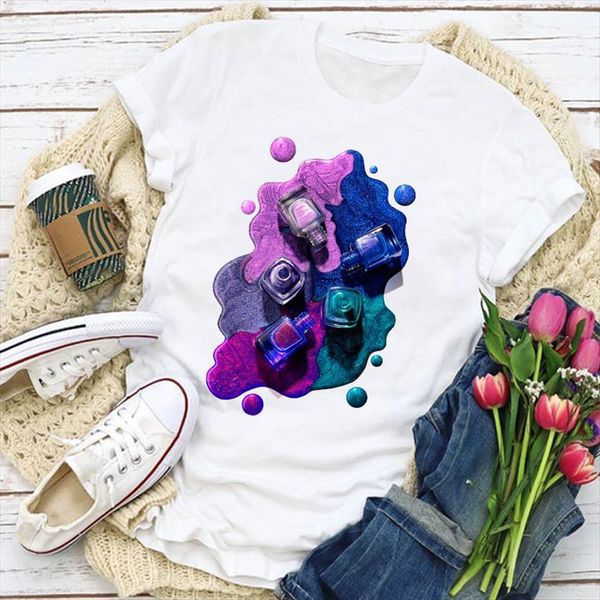 

graphic make up color splash womens t shirts 3d finger nail summer lady clothing clothes tee female, White