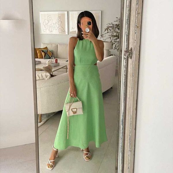 

casual dresses woman green backless halter long dress 2021 summer female hollow out beach ladies solid high waisted, Black;gray