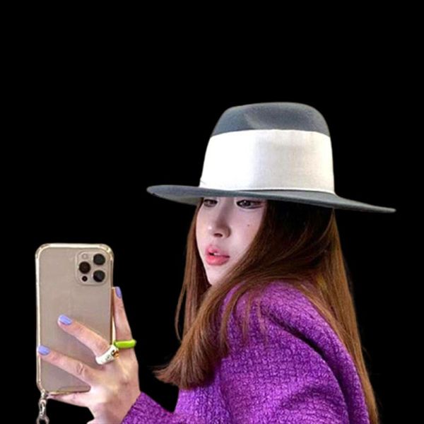 

stingy brim hats grey woolen women fashion jazz wide white webbing warm winter felt man hat streetwear travel cap ladies fedoras male, Blue;gray