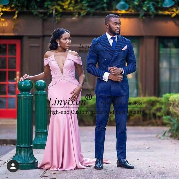 

men's suits & blazers blue stripe slim fit men for wedding peaked lapel double breasted groom wear tuxedos 2 pieces business blazer mas, White;black