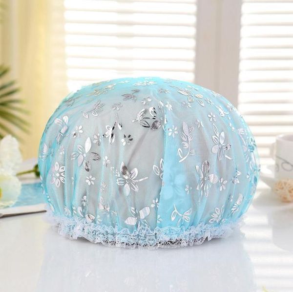 

double layer stamping shower cap waterproof elastic band bath cap resuable hair caps hat makeup shower caps wholesale