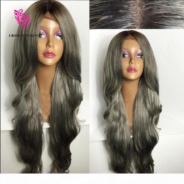

fashion ombre silver grey bodywave lace front wig glueless long natural black gray virgin human hair wigs for fasihion women, Black;brown
