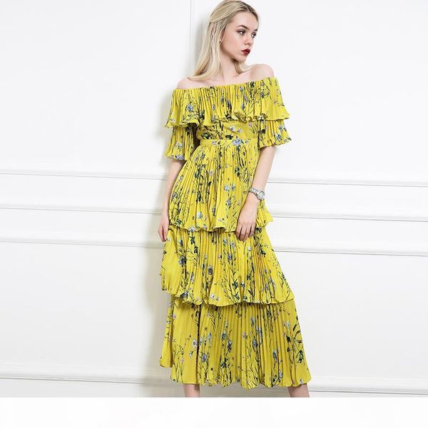 

summer yellow boho dress 2019 floral print pleated women chiffon dress off shoulder ruffle short sleeve bohemian long dress, Black;gray
