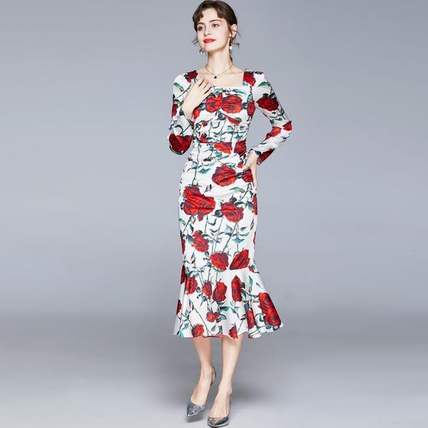

casual dresses jsxdhk fashion runway flower rose ruffles mirmaid dress autumn women's satin square collar print red bodycon party midi, Black;gray