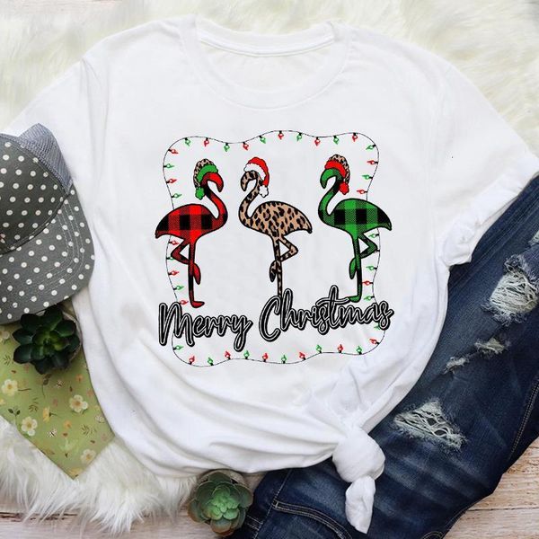

women cartoon animal plaid leopard short sleeve merry christmas graphic tees clothes print lady female t shirt t-shirt, White