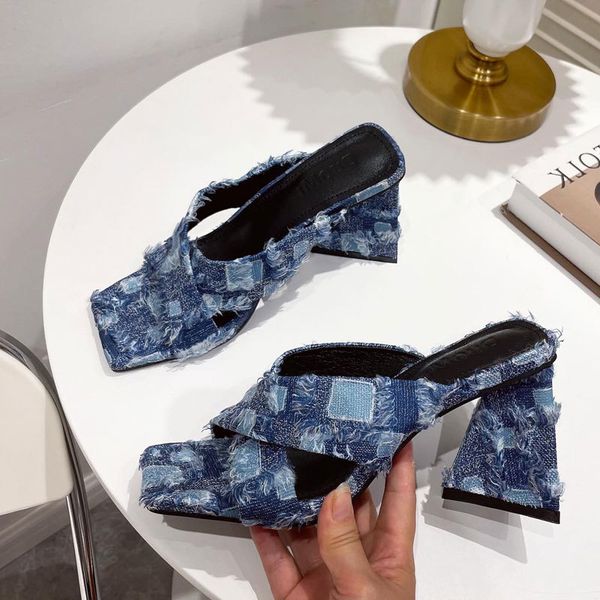 

dress shoes women blue denim sandals slipper summer thick sole high heeled triangle heel ladies party size 35-40 jbyt, Black
