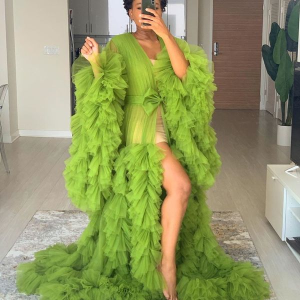 

green illusion sleepwear ruffles tulle long sleeve women celebrity dress kimono pregnant party sheer nightgowns, White