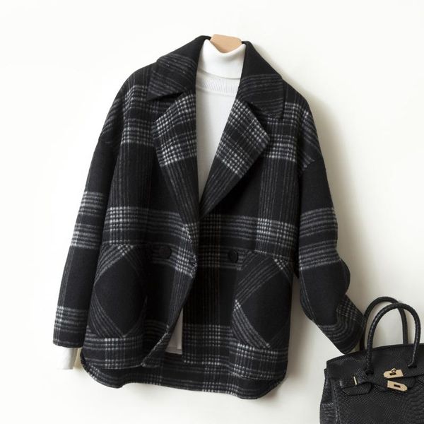 

women's wool & blends 2021 autumn and winter korean double-sided plaid cashmere coat fashion small loose short, Black