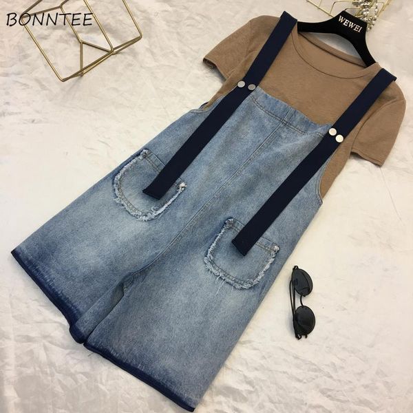 

rompers women korean style summer pockets loose students denim womens large size clothing female solid simple girls, Black;white