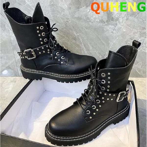 

boots women 2021 autumn wild british style women's shoes motorcycle retro platform rivet buckle wholesale, Black