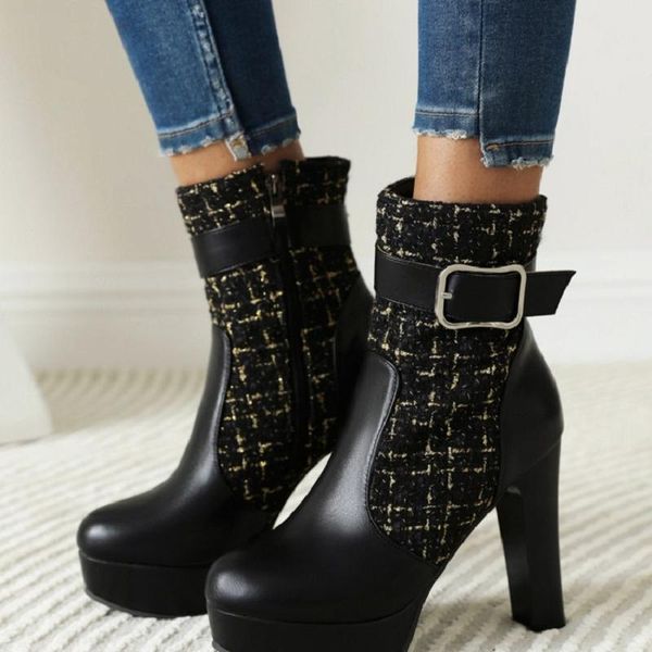 

boots sianie tianie patchwork plaid checker pu round toe platform thick high heels stilettos shoes for women buckle strap ankle, Black