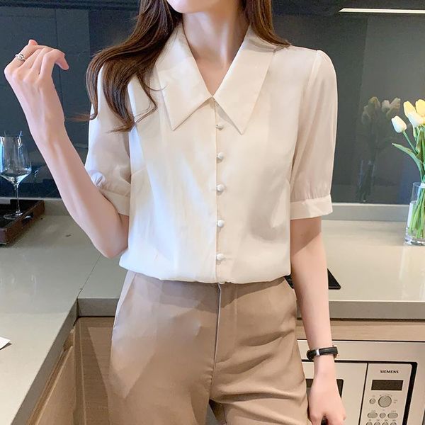 

women's blouses & shirts 2021french shirt classic chiffon blouse female plus size loose short sleeve lady simple style clothes, White