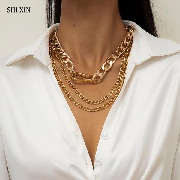 

chokers shixin 2 pcs layered thick cuban link chain necklace on neck hiphop choker for women 2021 fashion jewelry, Golden;silver