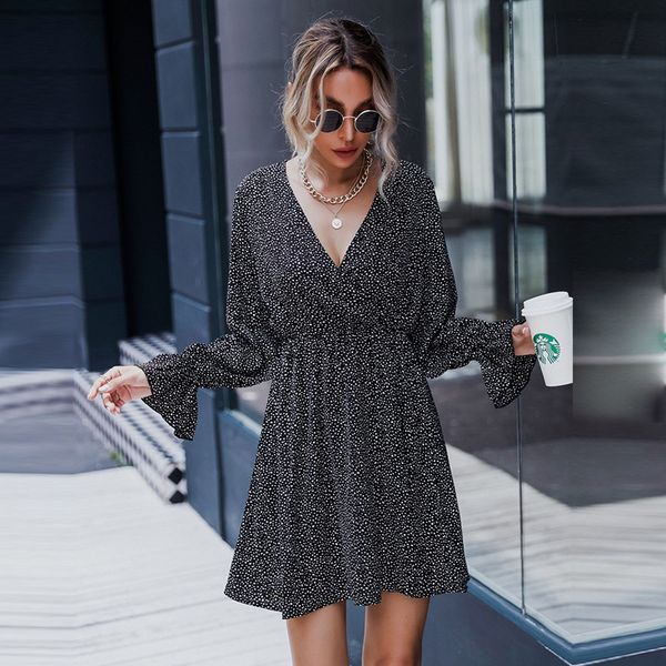 

2021 fashion flare sleeve casual autumn winter slim ruffles dot print short for women new kd4q, Black;gray