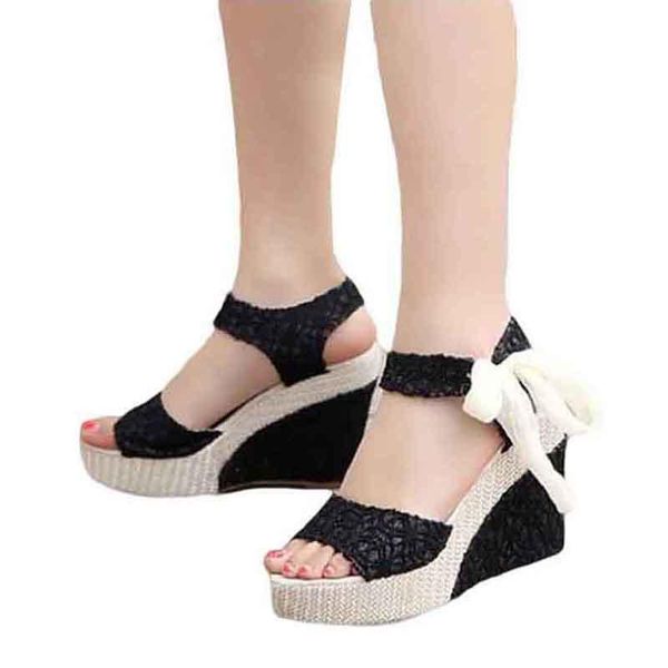 

2021 woman sandals summer platform woman shoes flower platform wedges sandals lady flower ribbon summer high heel footwear, Black