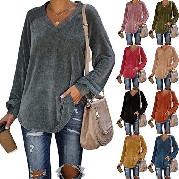 

s-3xl women autumn v-neck loose plush long sleeve sweatshirt the new 2021 plus size fashion casual solid color ladies plush top, Black