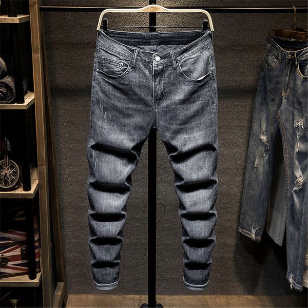 

summer 2020 men's stretch jeans slim fit small foot trend versatile casual long pants fashion brand spring and autumn, Blue