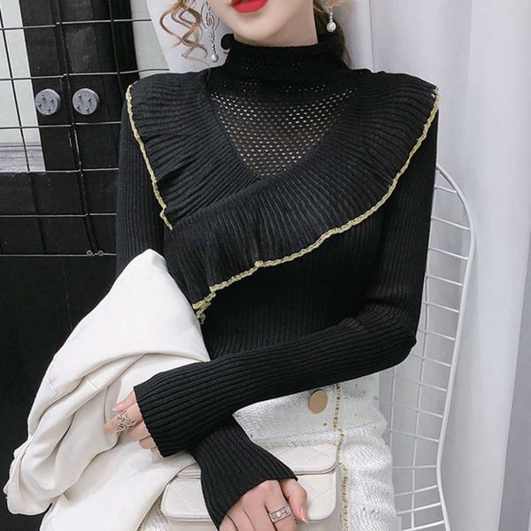 

ruffle half turtleneck sweater for women in autumn and winter, White;black