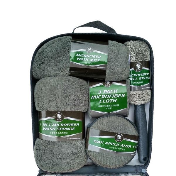 

car sponge 9pcs microfiber wash cleaning kit, detailing washing tools with glove polish applicator pads