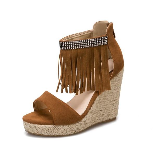 

slippers ethnic retro ladies casual sandals vivaia 2021 summer thick-soled fringe heightened tassels high heels wedge shoes, Black