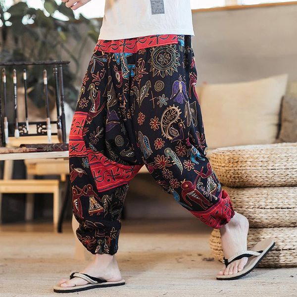 

2021 men harem pants print drop crotch joggers cotton linen trousers men baggy loose korean style casual pants s-5xl, Black