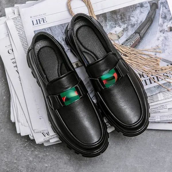 

autumn new men business dress shoes pu leather thick bottom round head leisure and comfortable one foot pedal lefu trend hairdresser versati, Black