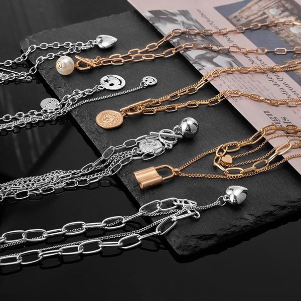 

chains fashion statement women's neck chain choker vintage multilayer portrait necklace for women heart pendant punk party jewelry, Silver