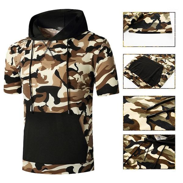 

camouflage fashion fitness and leisure daily men's muscle t-shirt hooded sports short-sleeved t-shirts, White;black