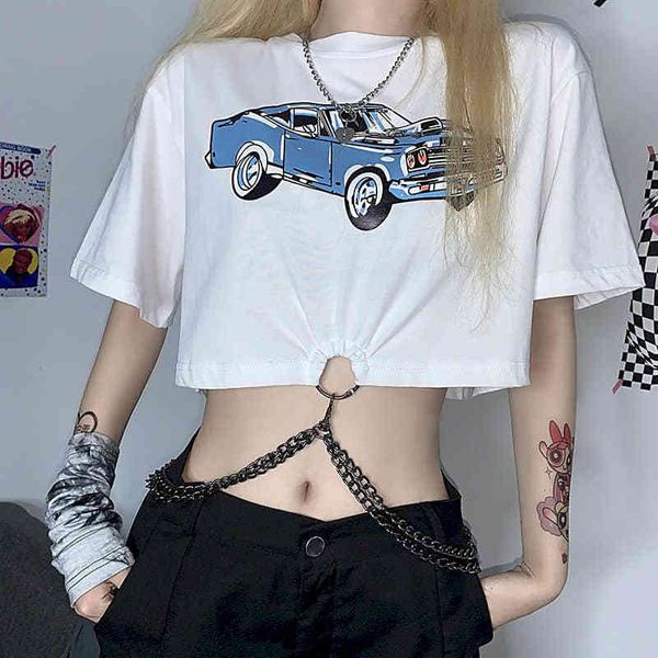 

new korean style design waist cut goth ins red net women's undershirt loose with short sleeves ra8y, White