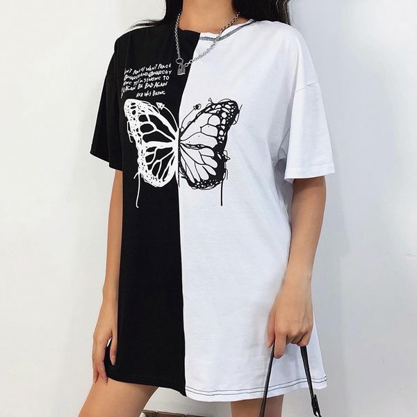 

harajuku loose butterfly print long t-shirt gothic women hit color o-neck short sleeve female streetwear punk top, White