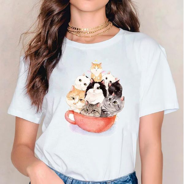

t shirts for women t-shirts cat cartoon clothing trend animal printing womens graphic ladies print lady female tee t-shirt, White