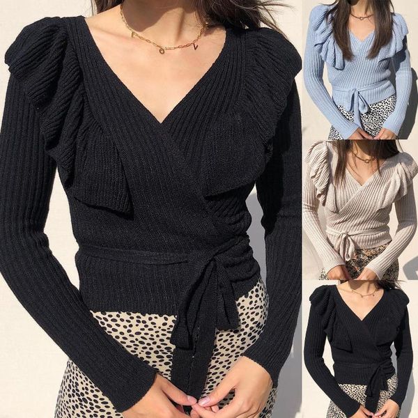 

women's sweaters autumn winter women v neck long sleeve ruffles knitted sweater bandage pullover, White;black